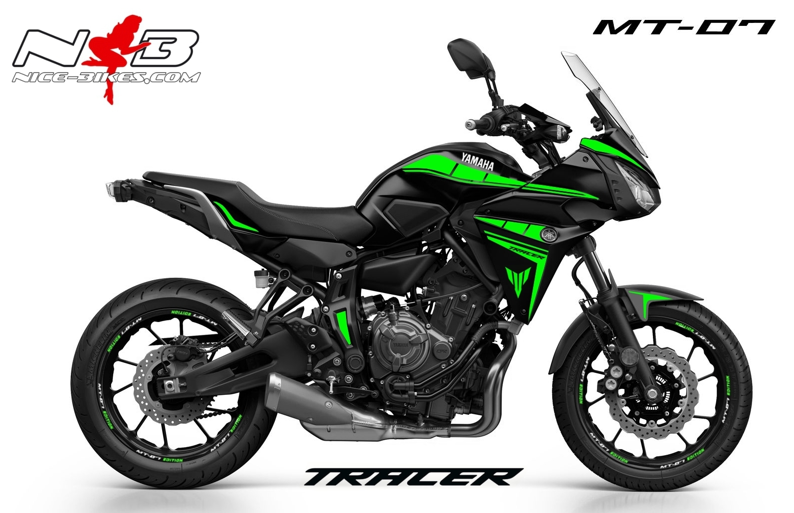 Motorrad Foliendesigns und Dekore - MT07 Tracer limegreen auf schwarzer Maschine - 2016 MT07TR Black limegreen MT07 Tracer limegreen auf schwarzer Maschine