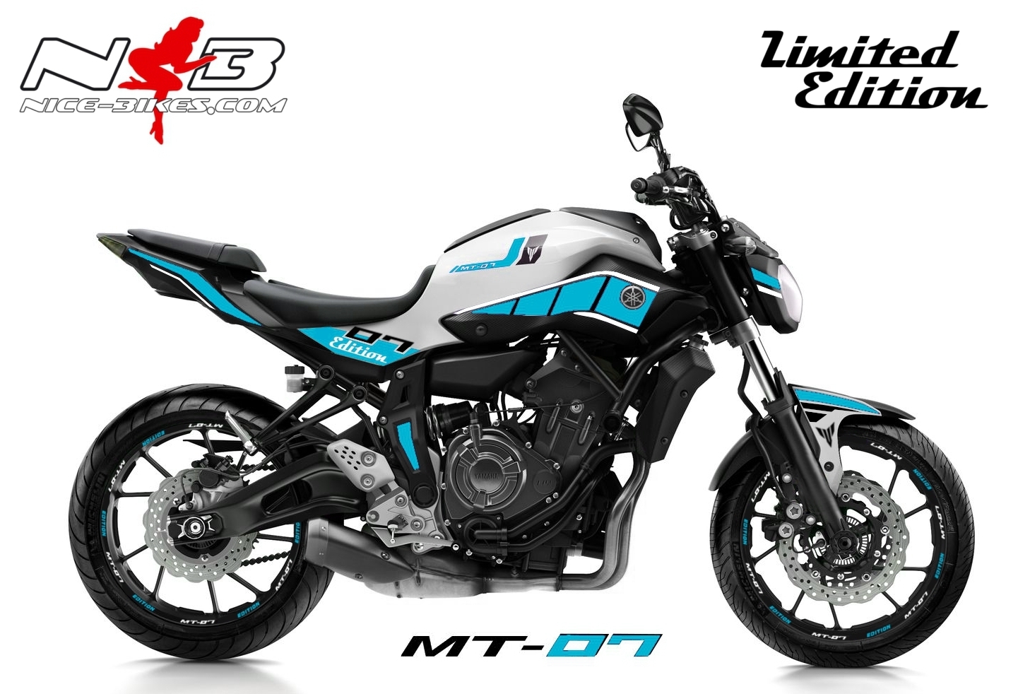 Motorrad Foliendesigns und Dekore - MT07 / 2017 hellblau auf weißer Maschine - 2017 MT 07 Powder White hellblau MT07 / 2017 hellblau auf weißer Maschine