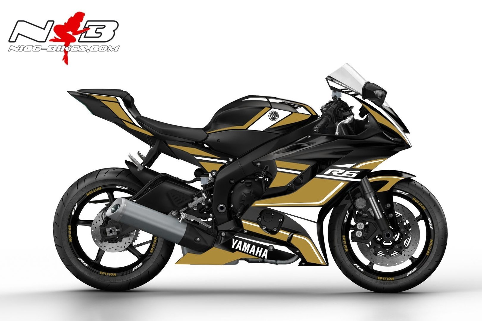 Motorrad Foliendesigns und Dekore - R6 Race Foliendekor gold auf schwarzer Maschine - 2017 Yamaha R6 Black gold R6 Race Foliendekor gold auf schwarzer Maschine