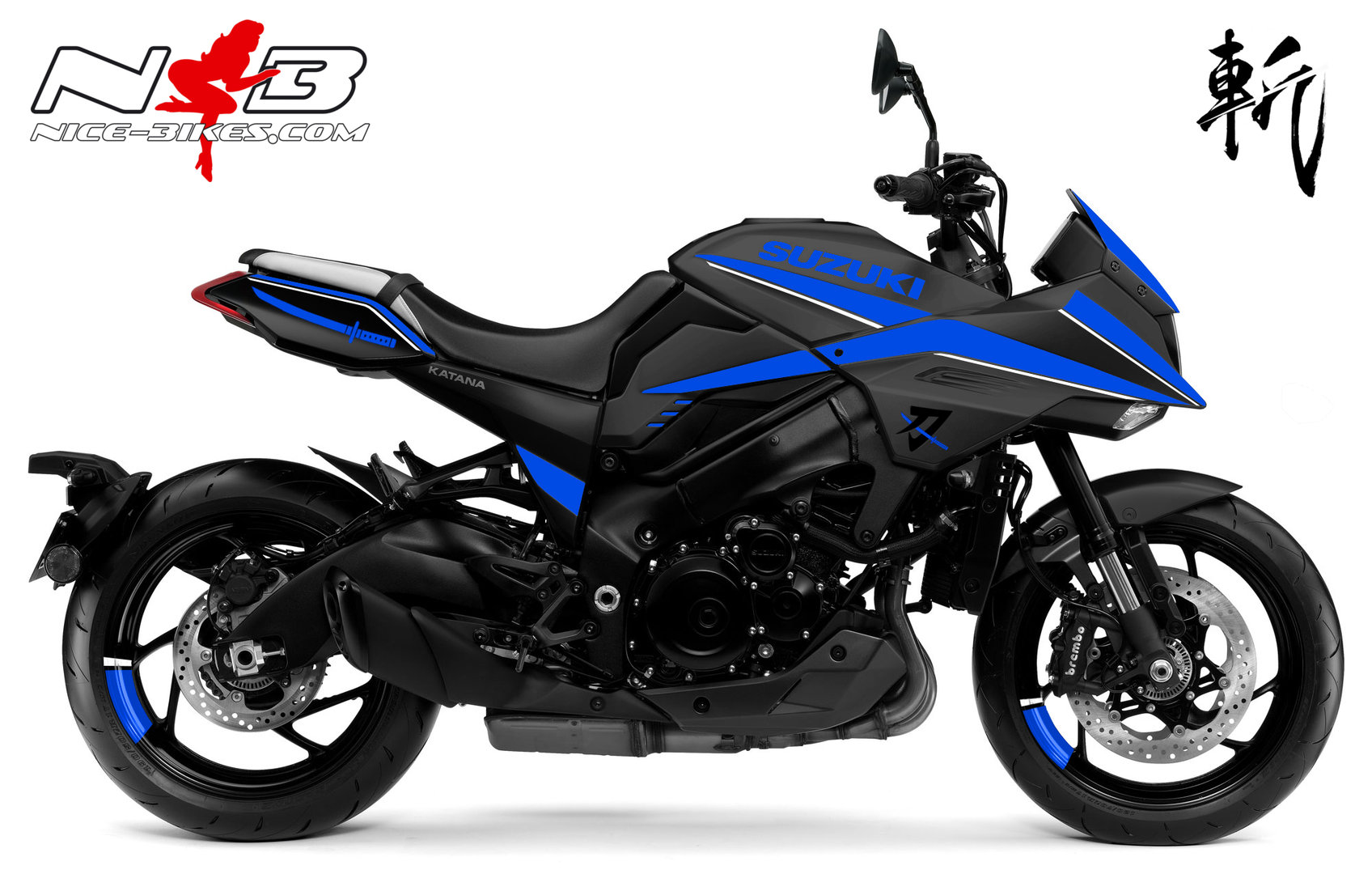 Motorrad Foliendesigns und Dekore - Katana blau auf schwarzer Maschine - 2019 Katana schwarz blau Katana blau auf schwarzer Maschine