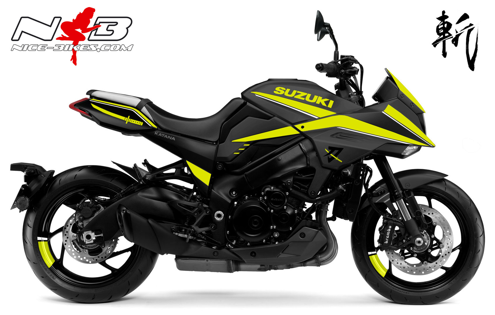 Motorrad Foliendesigns und Dekore - Katana gelb auf schwarzer Maschine - 2019 Katana schwarz gelb Katana gelb auf schwarzer Maschine