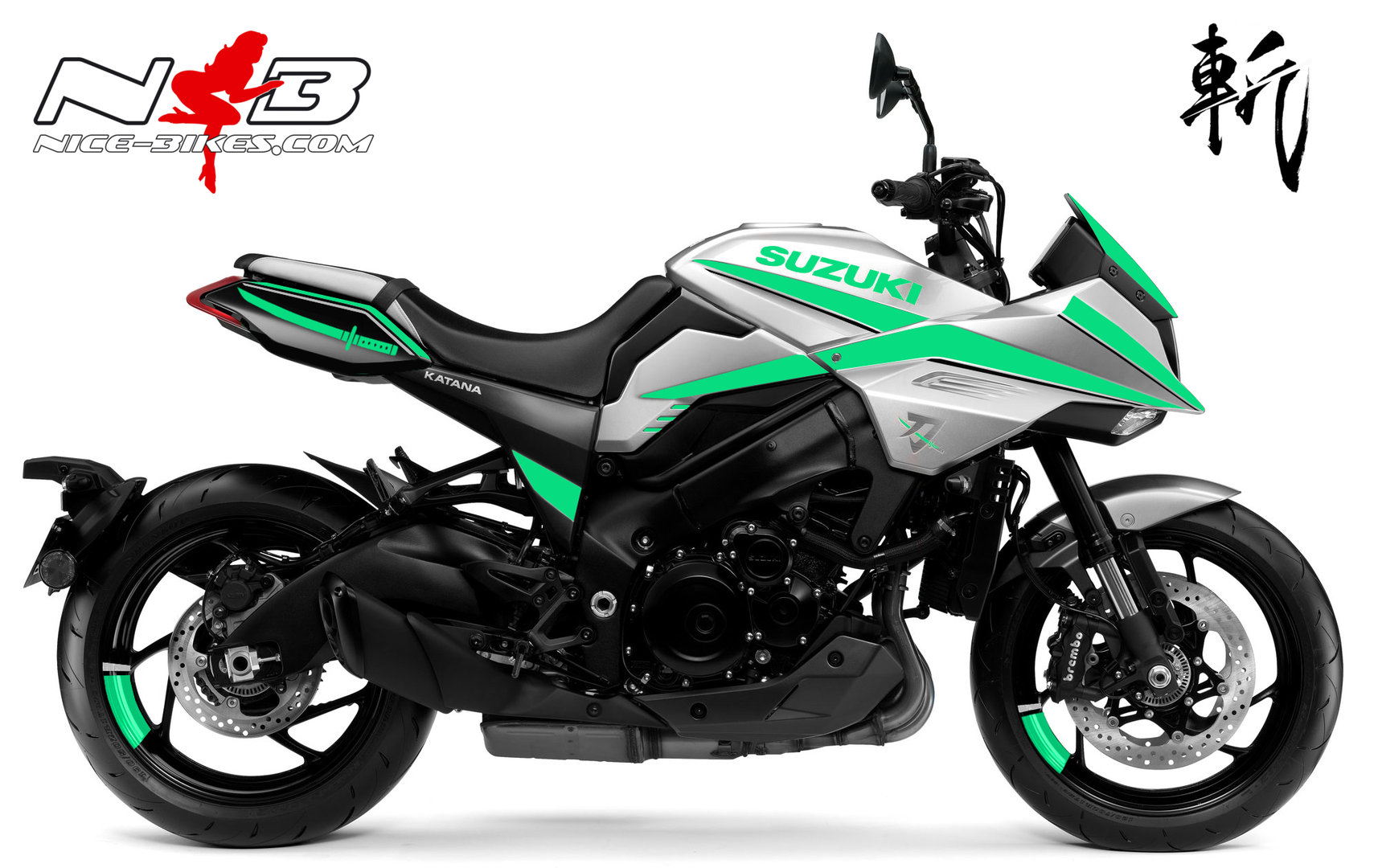 Motorrad Foliendesigns und Dekore - Katana mint auf silberner Maschine - 2019 Katana silber mint Katana mint auf silberner Maschine