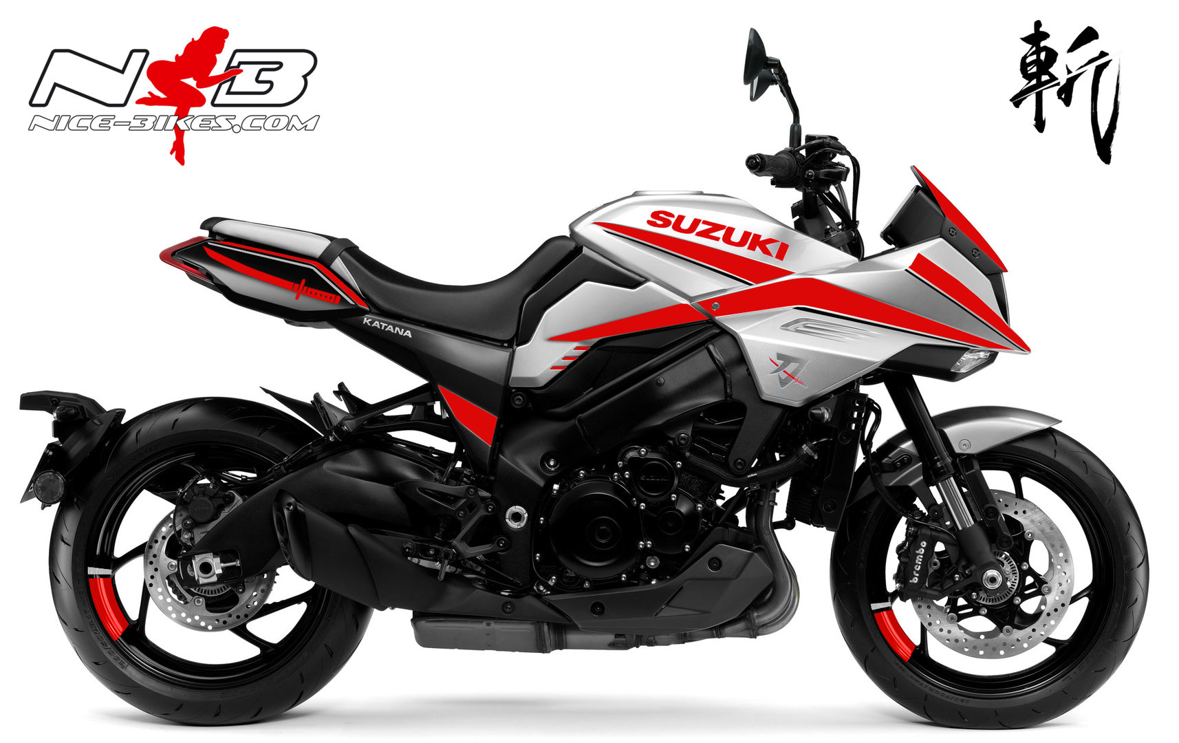 Motorrad Foliendesigns und Dekore - Katana rot auf silberner Maschine - 2019 Katana silber rot Katana rot auf silberner Maschine