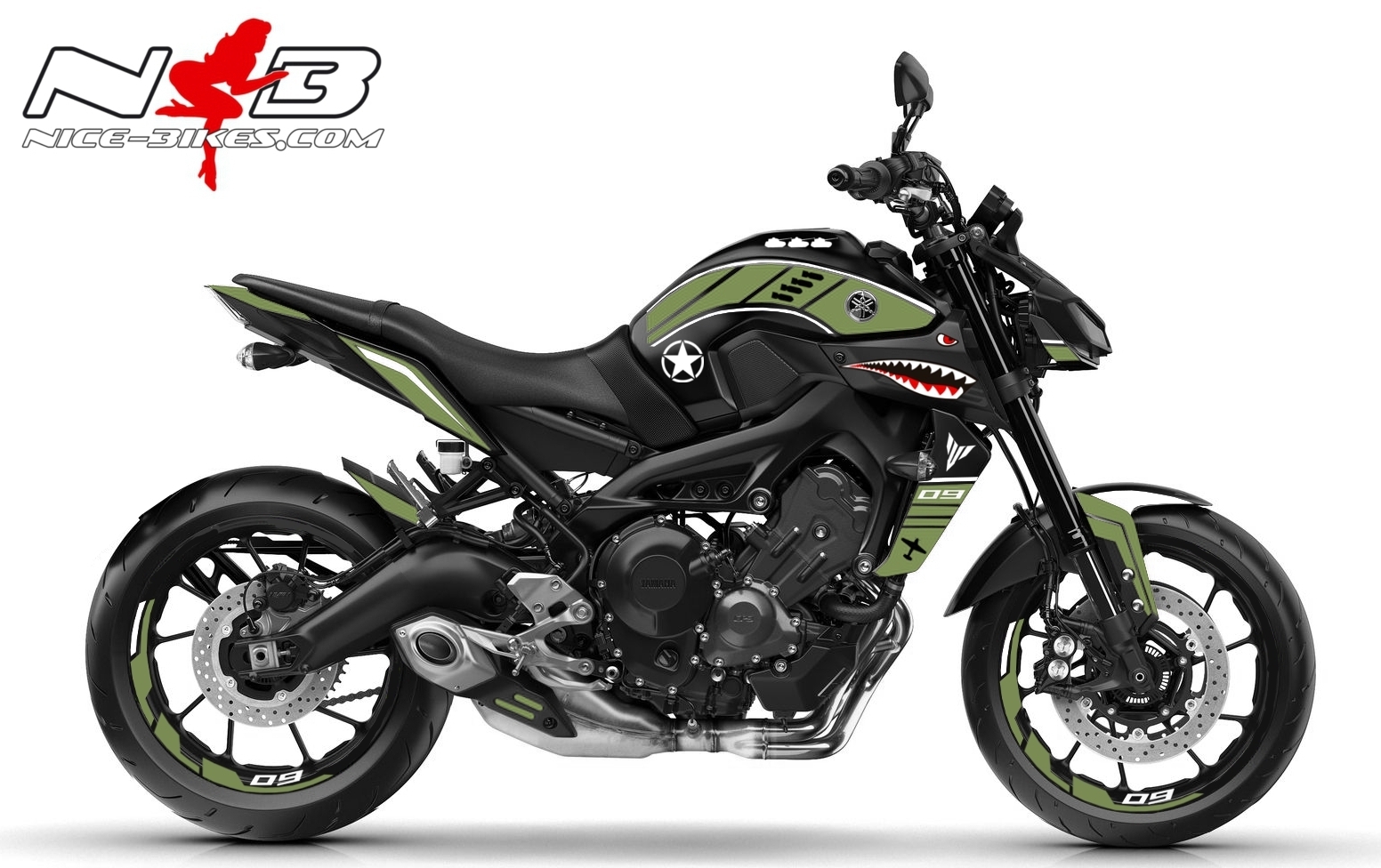 Motorrad Foliendesigns und Dekore - MT09 Army Green-NOSE ART auf schwarzer Maschine 2019 - 2019 MT 09 Black Army Green NOSE ART MT09 Army Green-NOSE ART auf schwarzer Maschine 2019