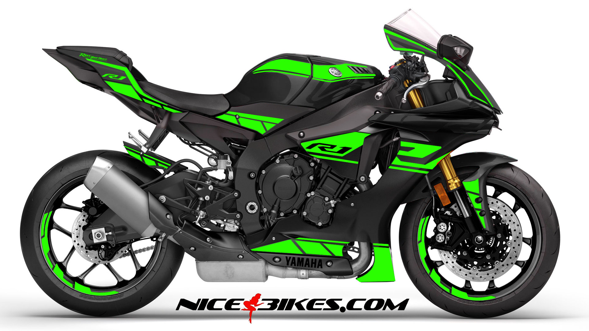 Motorrad Foliendesigns und Dekore - R1 Dekor limegreen auf schwarzer Maschine 2019 - 2019 R1 schwarz limegreen R1 Dekor limegreen auf schwarzer Maschine 2019