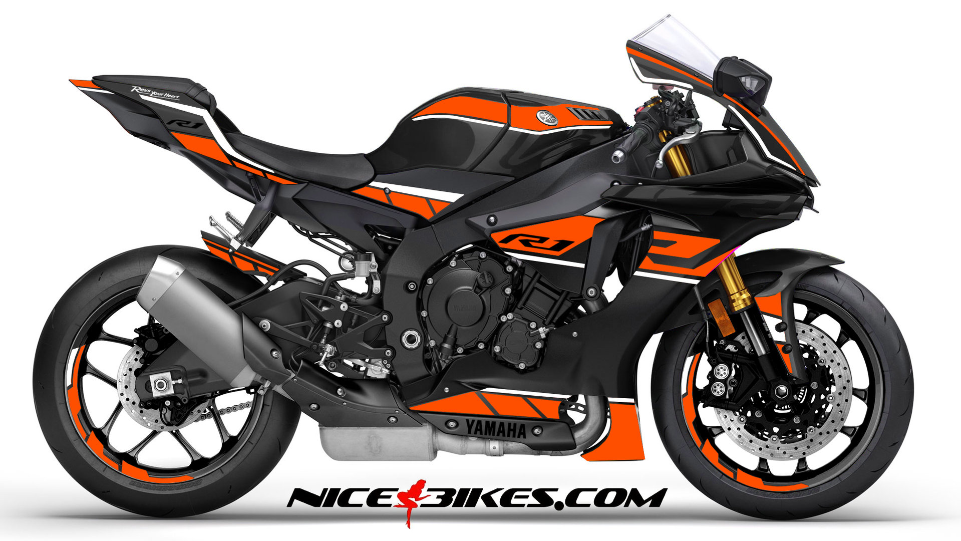 Motorrad Foliendesigns und Dekore - R1 Dekor orange/weiß auf schwarzer Maschine 2019 - 2019 R1 schwarz orange weiss R1 Dekor orange/weiß auf schwarzer Maschine 2019