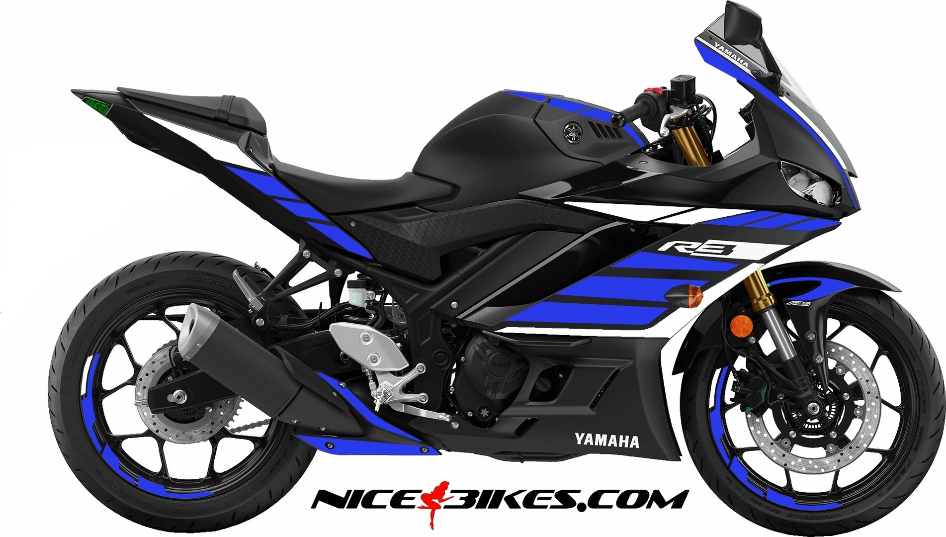 Motorrad Foliendesigns und Dekore - R3 Dekor blau auf schwarzer Maschine - 2019 YZF R3 Black blau R3 Dekor blau auf schwarzer Maschine