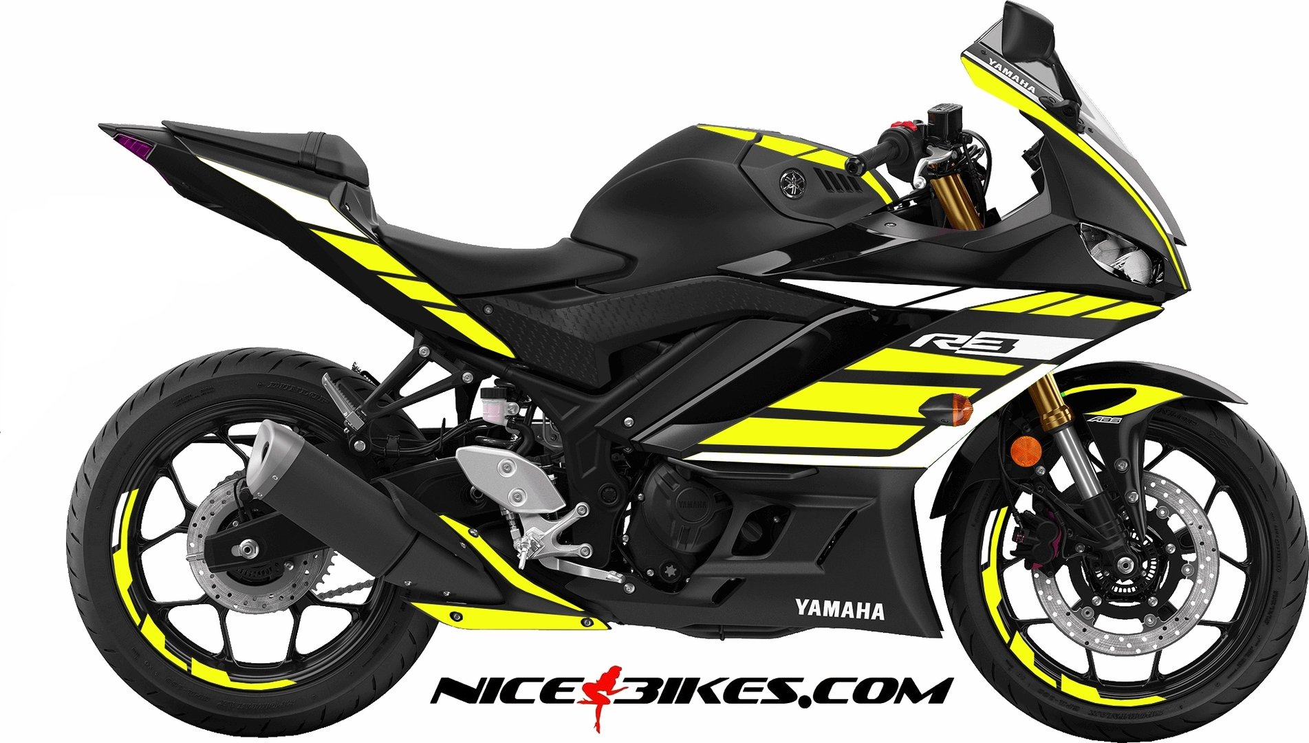 Motorrad Foliendesigns und Dekore - R3 Dekor gelb auf schwarzer Maschine - 2019 YZF R3 Black gelb R3 Dekor gelb auf schwarzer Maschine