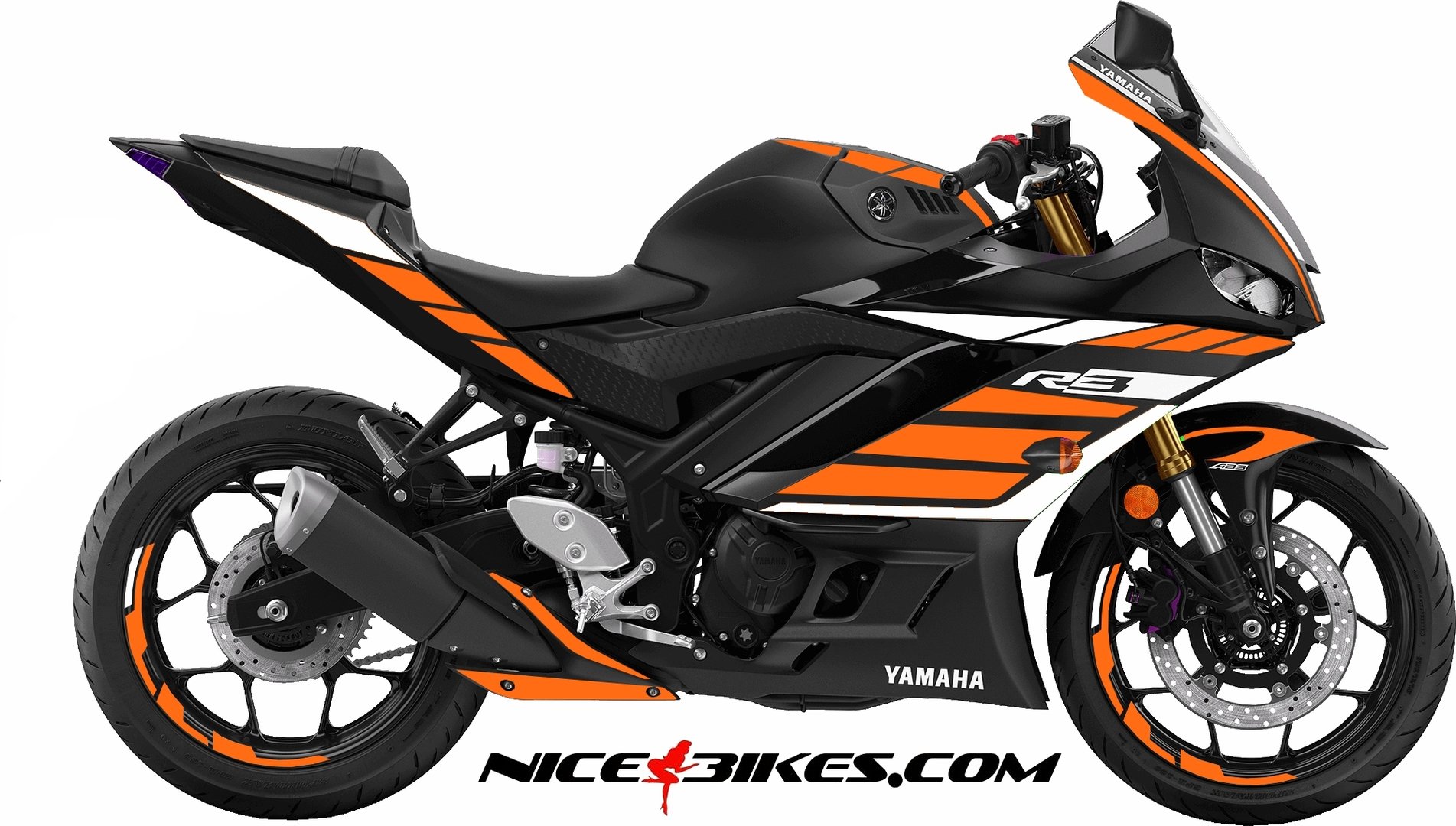Motorrad Foliendesigns und Dekore - R3 Dekor orange auf schwarzer Maschine - 2019 YZF R3 Black orange R3 Dekor orange auf schwarzer Maschine