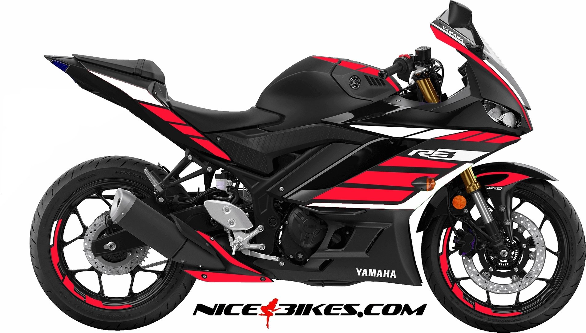 Motorrad Foliendesigns und Dekore - R3 Dekor rot auf schwarzer Maschine - 2019 YZF R3 Black rot R3 Dekor rot auf schwarzer Maschine