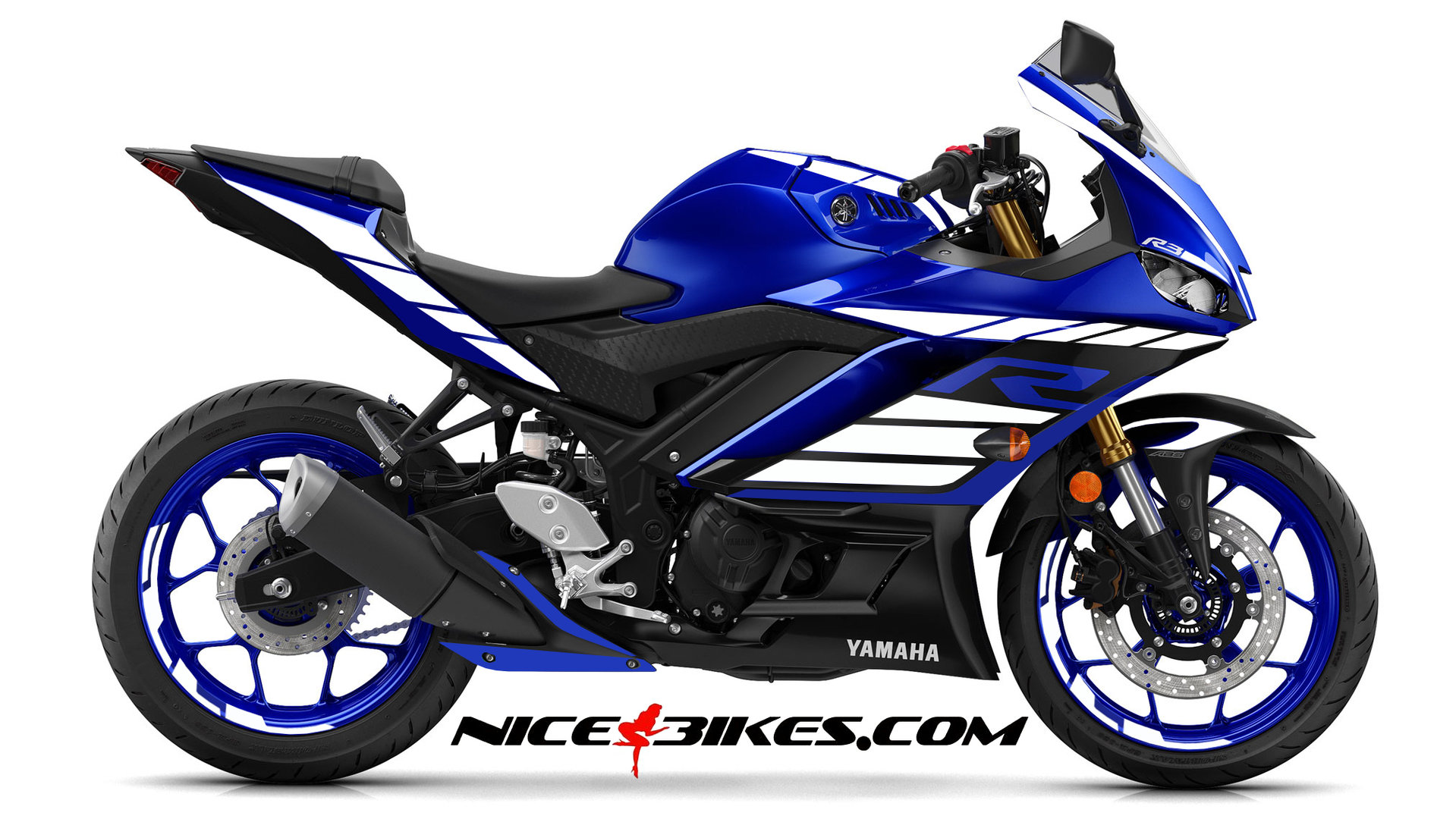 Motorrad Foliendesigns und Dekore - R3 Dekor weiß auf blauer Maschine - 2019 YZF R3blue weiss R3 Dekor weiß auf blauer Maschine