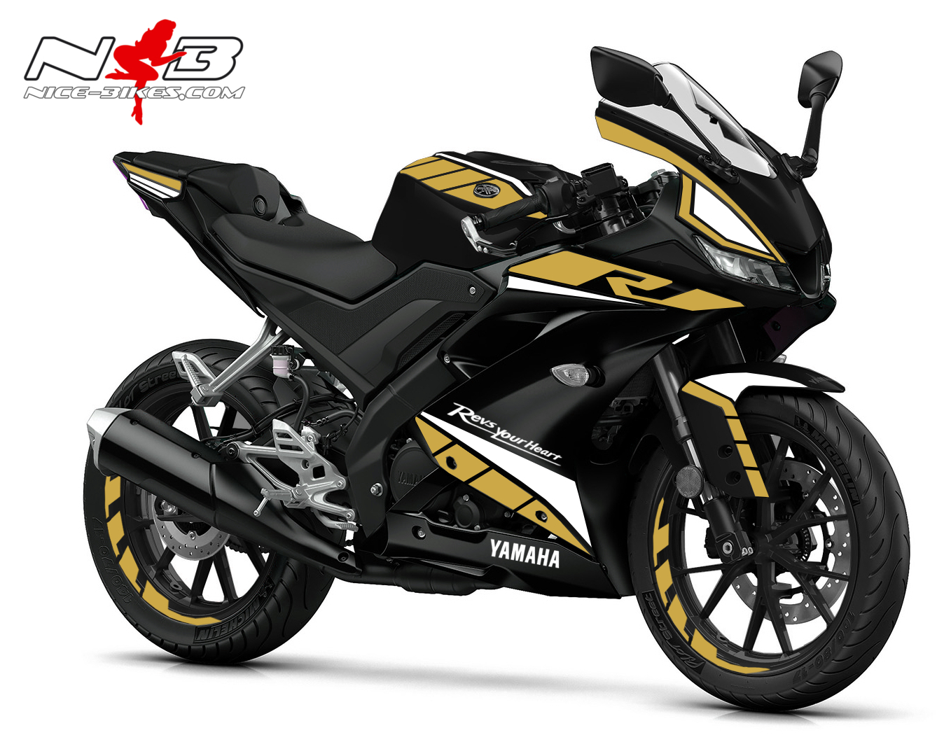 Motorrad Foliendesigns und Dekore - Foliendekor R125 2019-21 Race gold auf schwarzer Maschine - 2019 YAM YZF R125 schwarz gold Foliendekor R125 2019-21 Race gold auf schwarzer Maschine