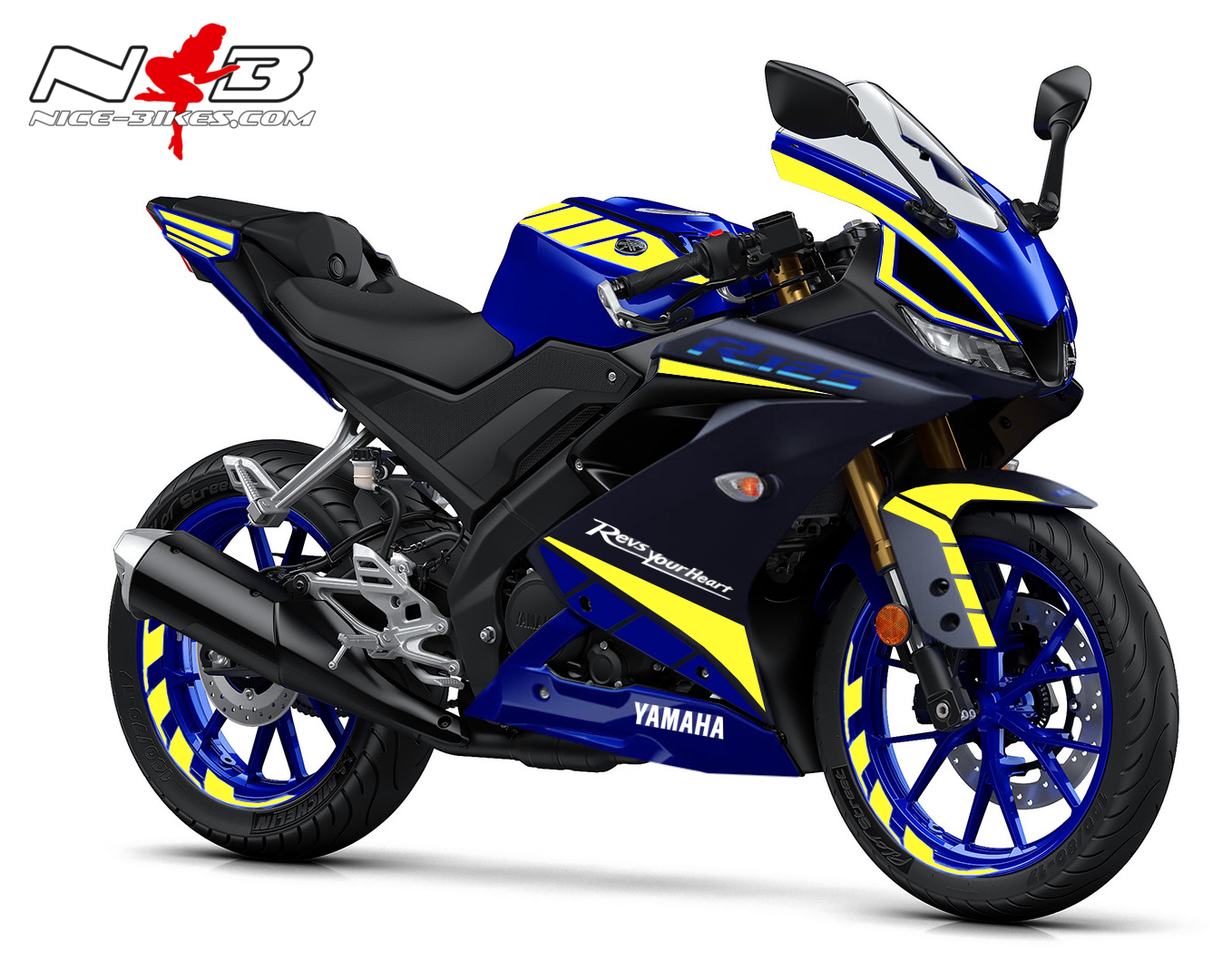 Motorrad Foliendesigns und Dekore - Foliendesign YAMAHA R125 Bj. 2022 Neon Yellow - 2022 YAM YZF R125 blau neongelb Foliendesign YAMAHA R125 Bj. 2022 Neon Yellow