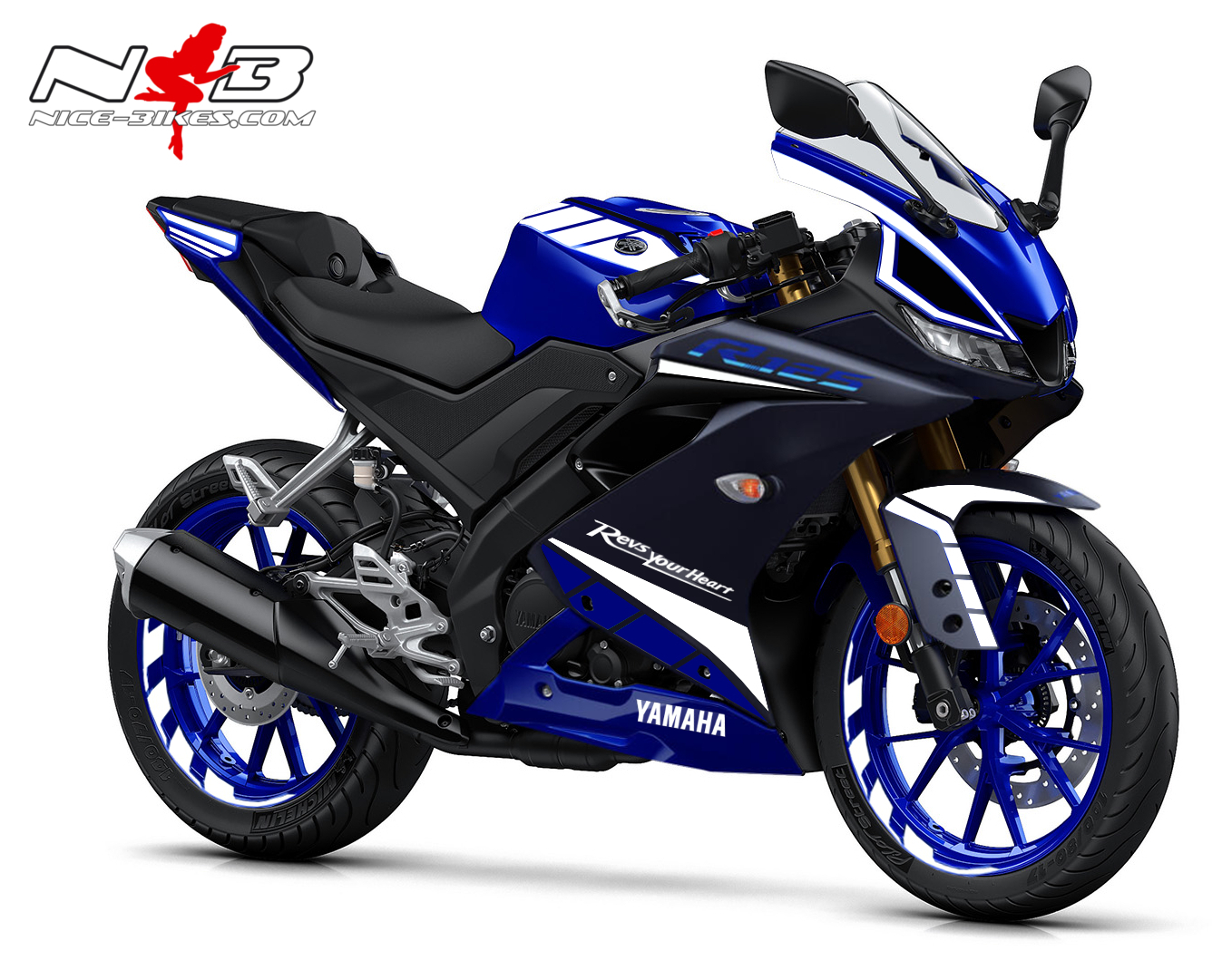 Motorrad Foliendesigns und Dekore - Foliendesign YAMAHA R125 Bj. 2022 Racing White - 2022 YAM YZF R125 blau weiss Foliendesign YAMAHA R125 Bj. 2022 Racing White