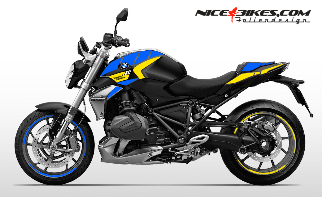 Motorrad Foliendesigns und Dekore - Foliendesign BMW R1250R (Bj. 2023-25) Ara Blue/Neon Yellow - B.1250R.23.331 Ara Blue Neon Yellow Foliendesign BMW R1250R (Bj. 2023-25) Ara Blue/Neon Yellow