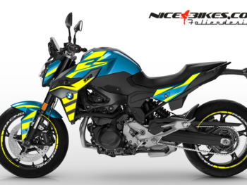BMW F900R Neon Yellow auf blauer Maschine