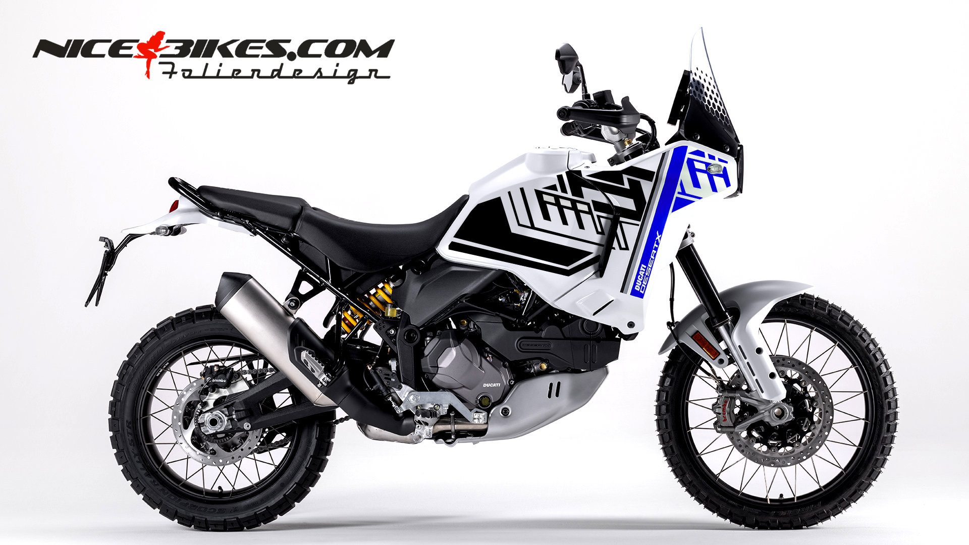 Motorrad Foliendesigns und Dekore - Foliendesign Ducati Desert X 2023 Racing Blue - D.DX .23.057 Racing Blue Foliendesign Ducati Desert X 2023 Racing Blue