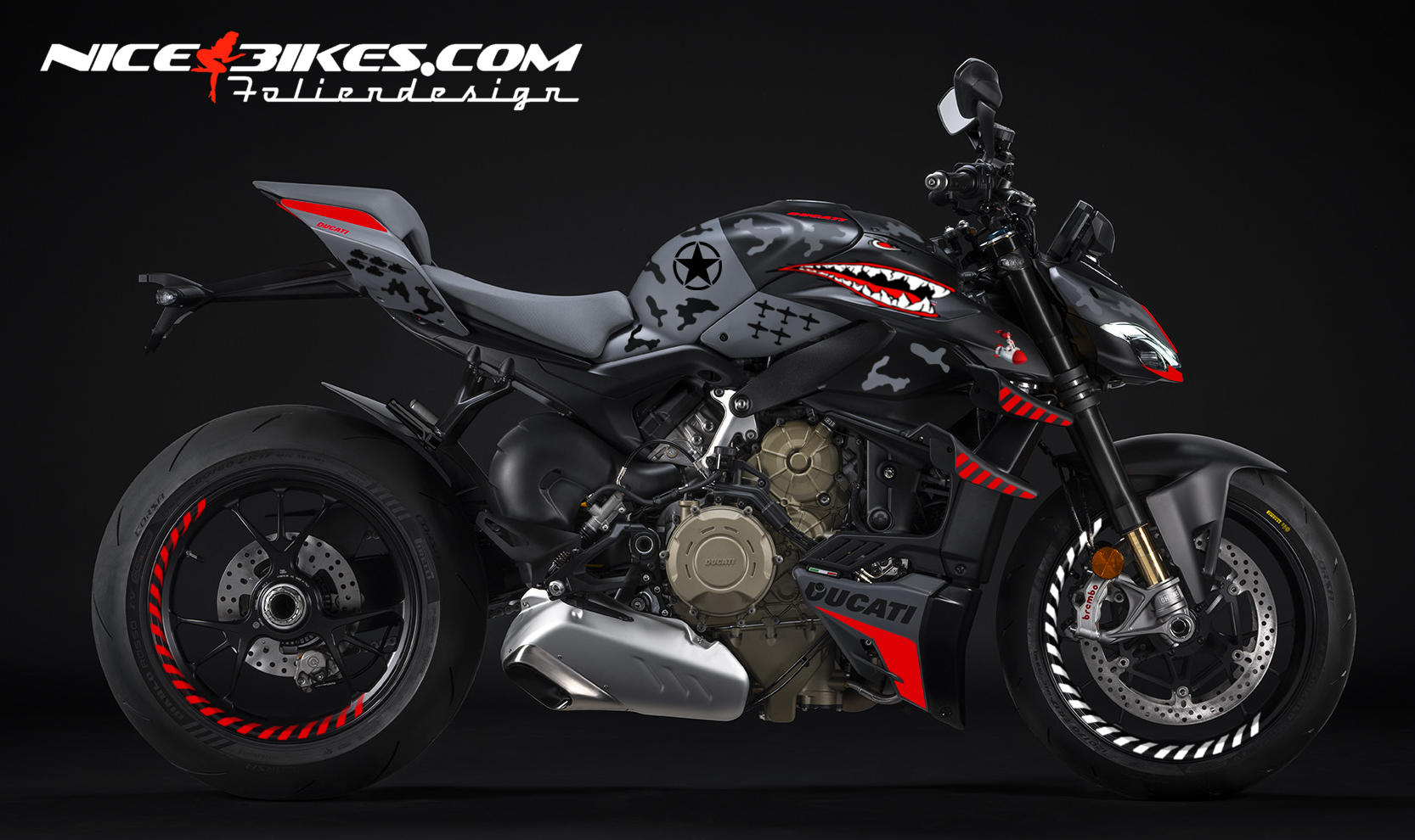 Motorrad Foliendesigns und Dekore - Foliendesign Ducati Streetfighter V4 Extrem Fighter Racing Red 2023-24 - Foliendesign Ducati Streetfighter V4 Extrem Fighter Racing Red 2023-24