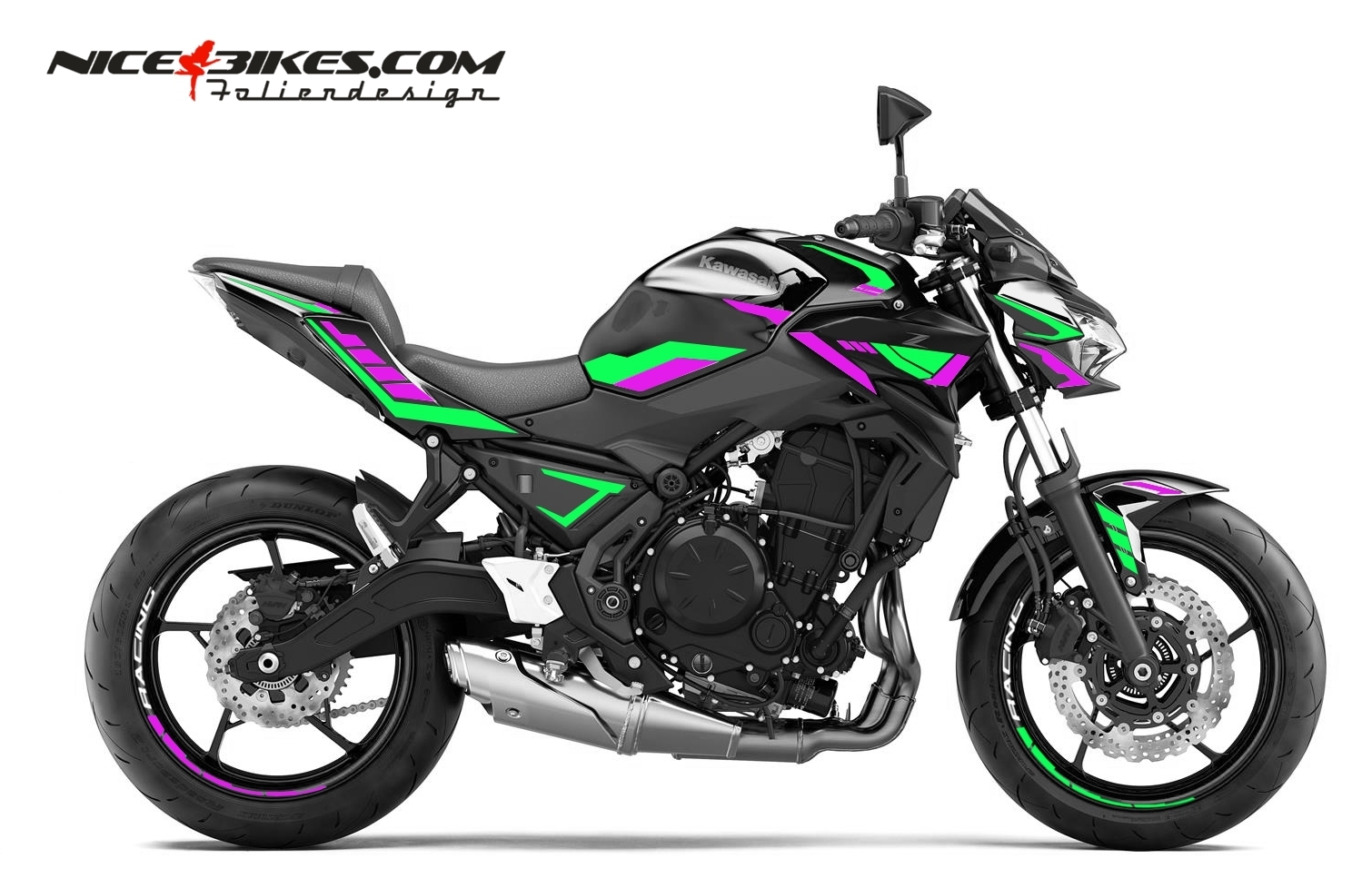 Motorrad Foliendesigns und Dekore - Foliendesign Kawasaki Z650 Limegreen - Pretty Pink - K.Z650.23.233 Limegreen Pretty Pink Foliendesign Kawasaki Z650 Limegreen - Pretty Pink