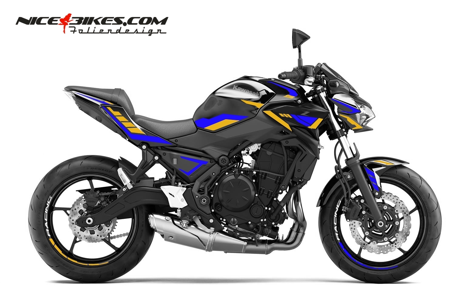 Motorrad Foliendesigns und Dekore - Foliendesign Kawasaki Z650 Racing Blue - Olympic Gold - K.Z650.23.444 Rabing Blue Olympic Gold Foliendesign Kawasaki Z650 Racing Blue - Olympic Gold