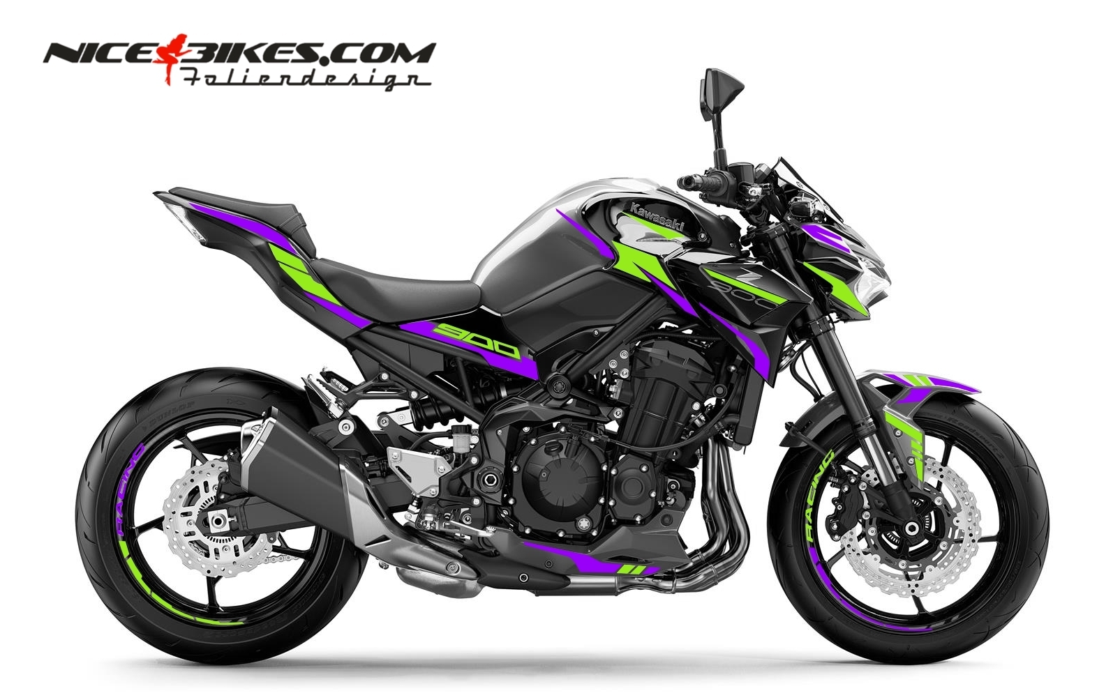 Motorrad Foliendesigns und Dekore - Foliendesign Kawasaki Z900 Manga Violett - Limegreen - K.Z9.23.444 Manga Violett Limegreen Foliendesign Kawasaki Z900 Manga Violett - Limegreen