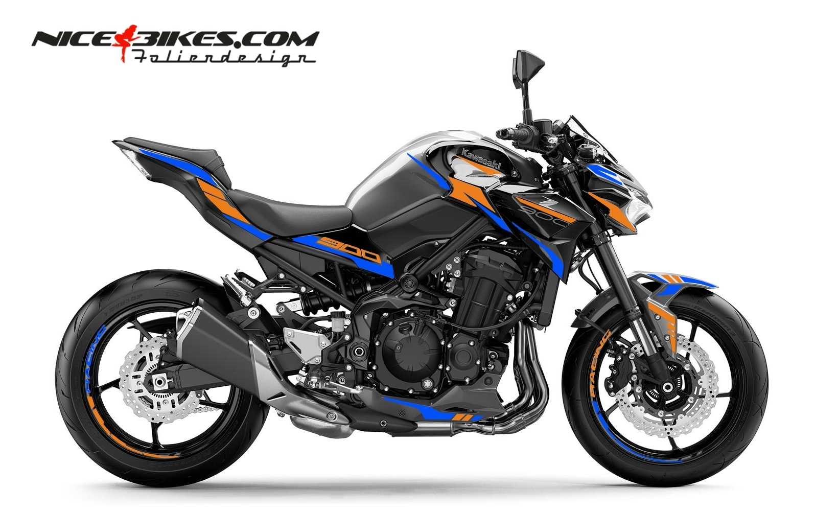 Motorrad Foliendesigns und Dekore - Foliendesign Kawasaki Z900 Evil Orange - Racing Blue - K.Z9.23.455 Evil Orange Racing Blue Foliendesign Kawasaki Z900 Evil Orange - Racing Blue