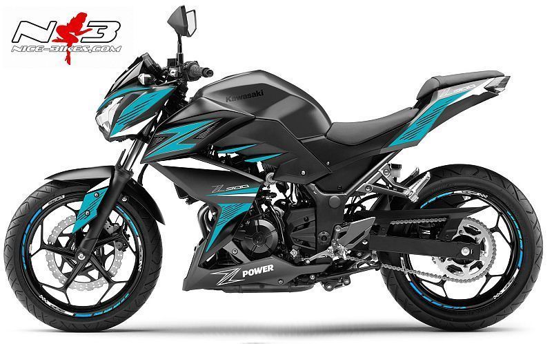 Motorrad Foliendesigns und Dekore - Z300 Power Dekor hellblau auf schwarzer Maschine - Kawasaki Ninja 300 NB hellblaukl Z300 Power Dekor hellblau auf schwarzer Maschine