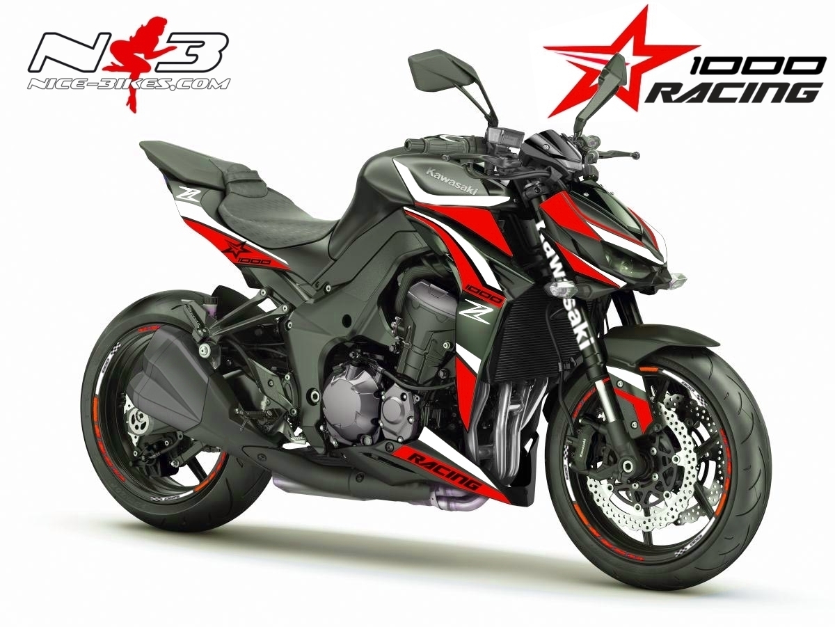 Motorrad Foliendesigns und Dekore - Z1000 Foliendekor rot auf schwarzer Maschine - Kawasaki Z1000 ABS 2015 Schwarz NB rot Z1000 Foliendekor rot auf schwarzer Maschine