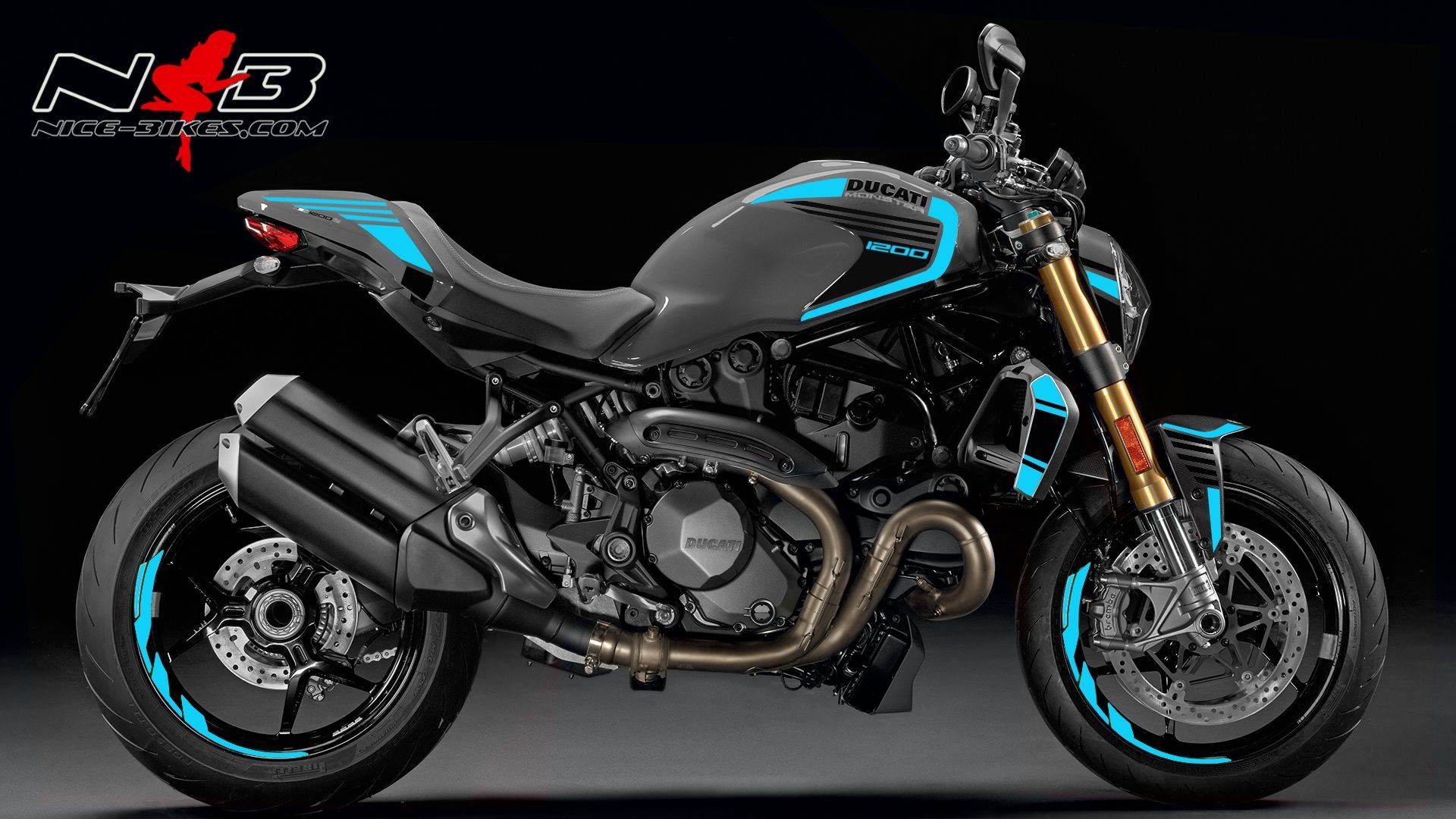 Motorrad Foliendesigns und Dekore - Monster 1200 hellblau auf grauer Maschine - Monster 1200S 18 Grey hellblau Monster 1200 hellblau auf grauer Maschine