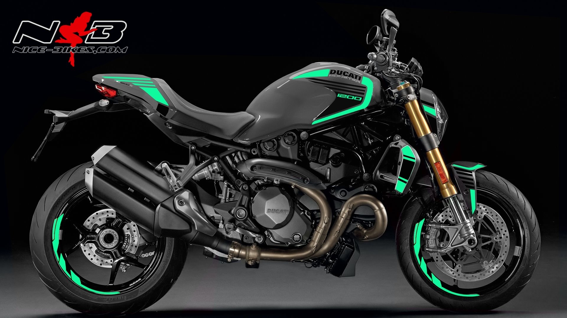 Motorrad Foliendesigns und Dekore - Monster 1200 mint auf grauer Maschine - Monster 1200S 18 Grey mint Monster 1200 mint auf grauer Maschine