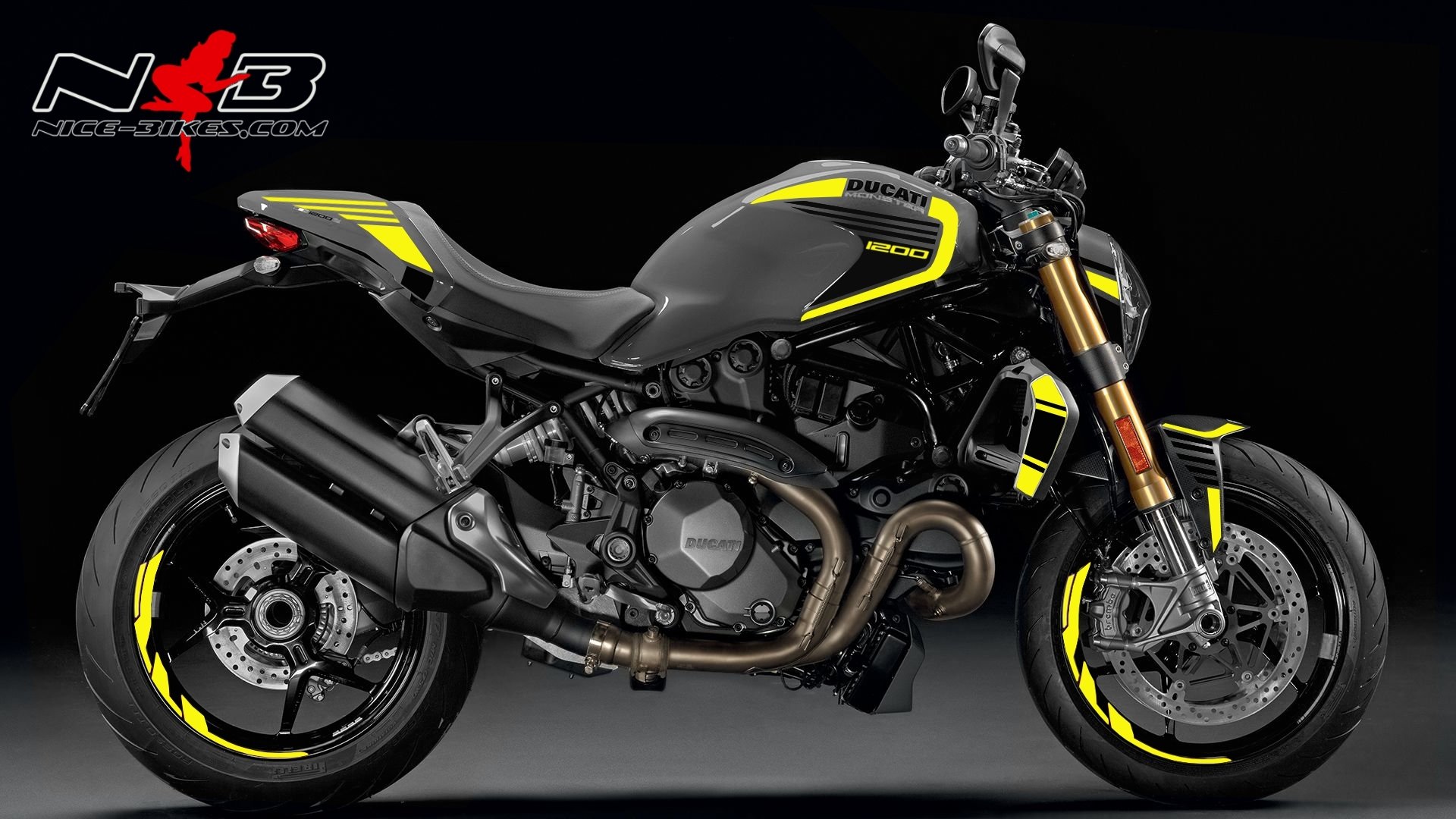 Motorrad Foliendesigns und Dekore - Monster 1200 gelb auf grauer Maschine - Monster 1200S 18 Grey neongelb Monster 1200 gelb auf grauer Maschine