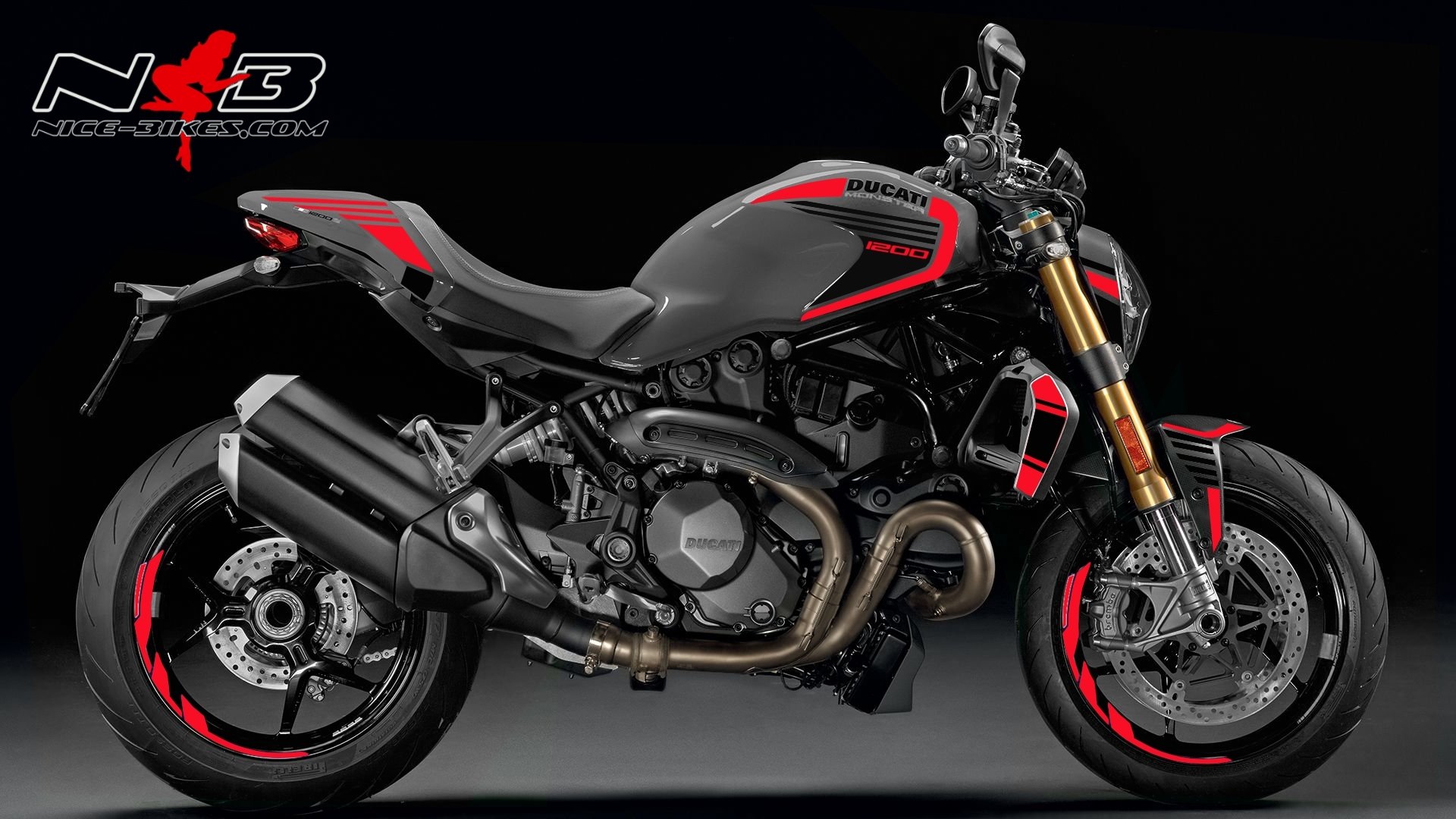 Motorrad Foliendesigns und Dekore - Monster 1200 rot auf grauer Maschine - Monster 1200S 18 Grey rot Monster 1200 rot auf grauer Maschine