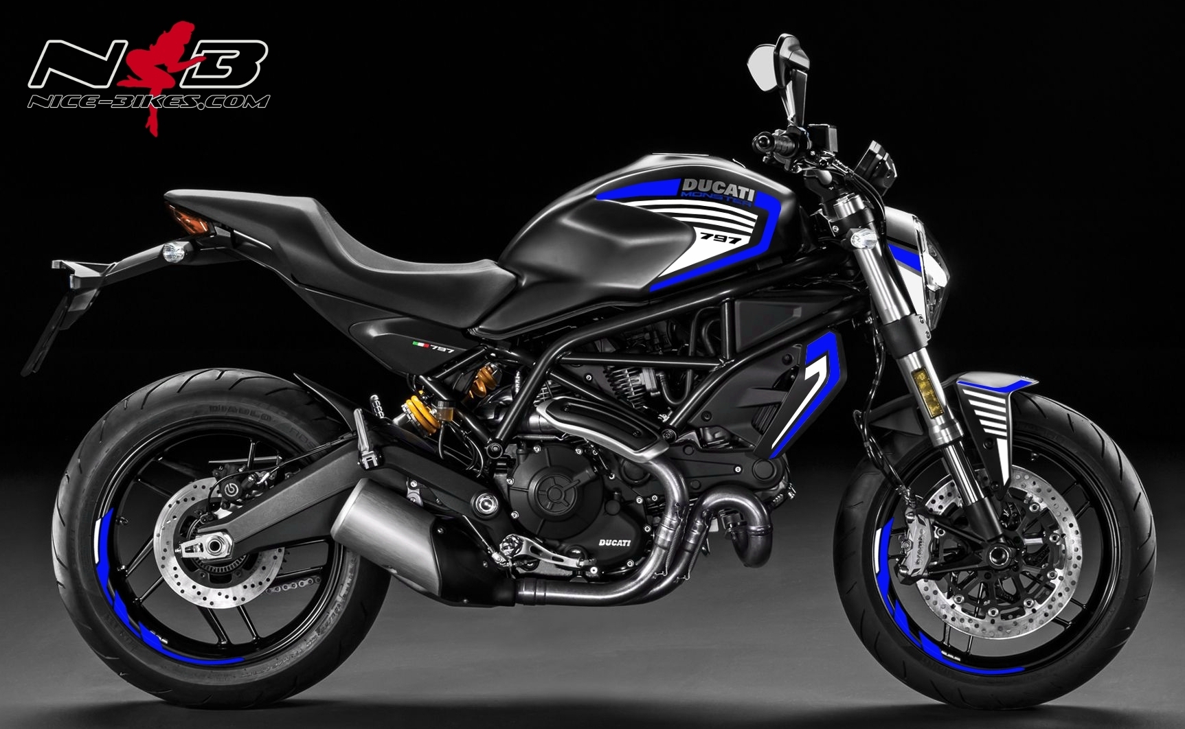 Motorrad Foliendesigns und Dekore - Monster 797 blau auf schwarzer Maschine - Monster 797 Black blau Monster 797 blau auf schwarzer Maschine