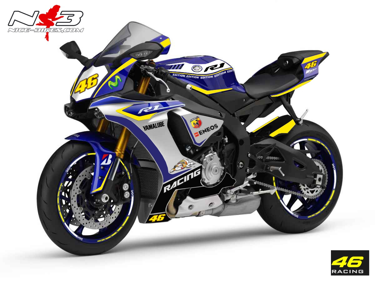 Motorrad Foliendesigns und Dekore - Race Style Yamaha R1 mit Startnummer 46 (blau gelb) Bj. 2015- - R1 2015 Rossi3 Race Style Yamaha R1 mit Startnummer 46 (blau gelb) Bj. 2015-