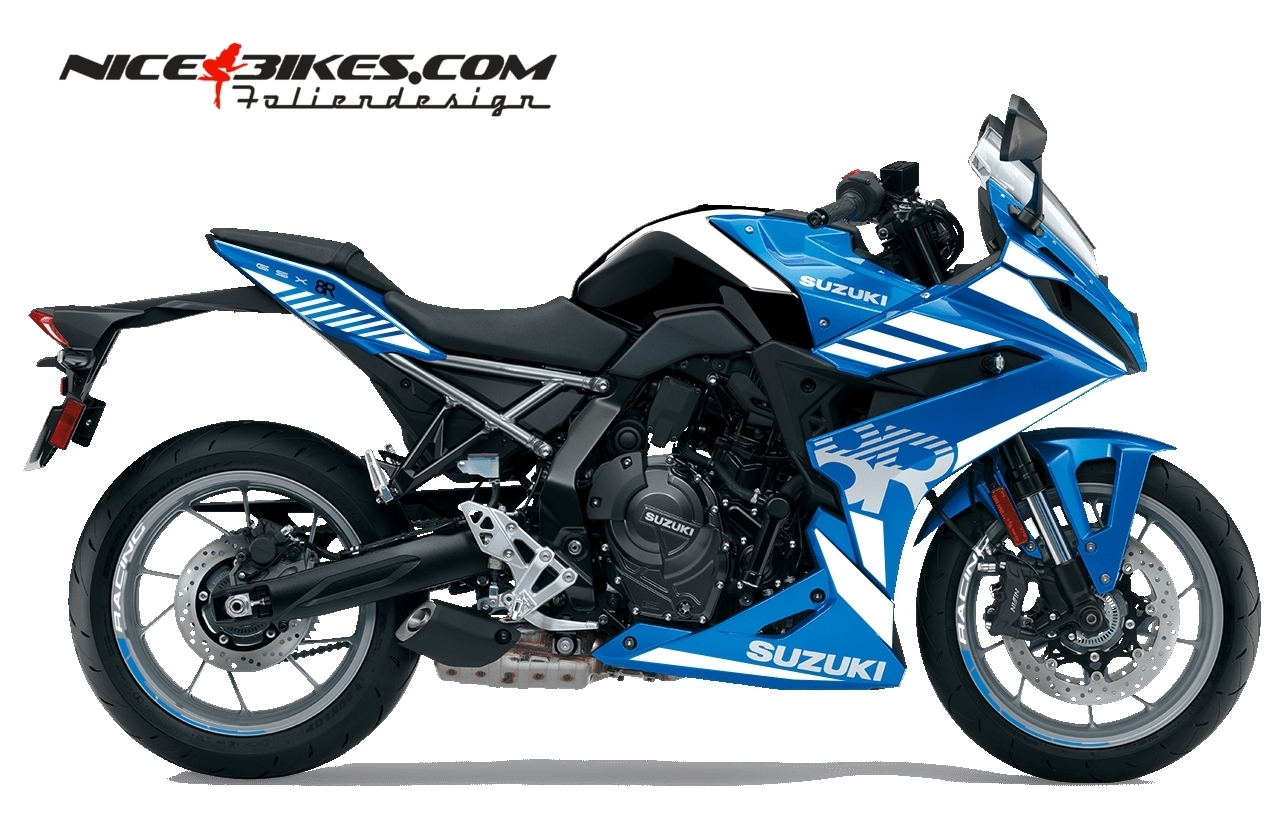 Motorrad Foliendesigns und Dekore - Foliendesign Suzuki GSX-8R Racing White auf blauer Maschine - S.GSX8R.24B.010 Racing White Foliendesign Suzuki GSX-8R Racing White auf blauer Maschine