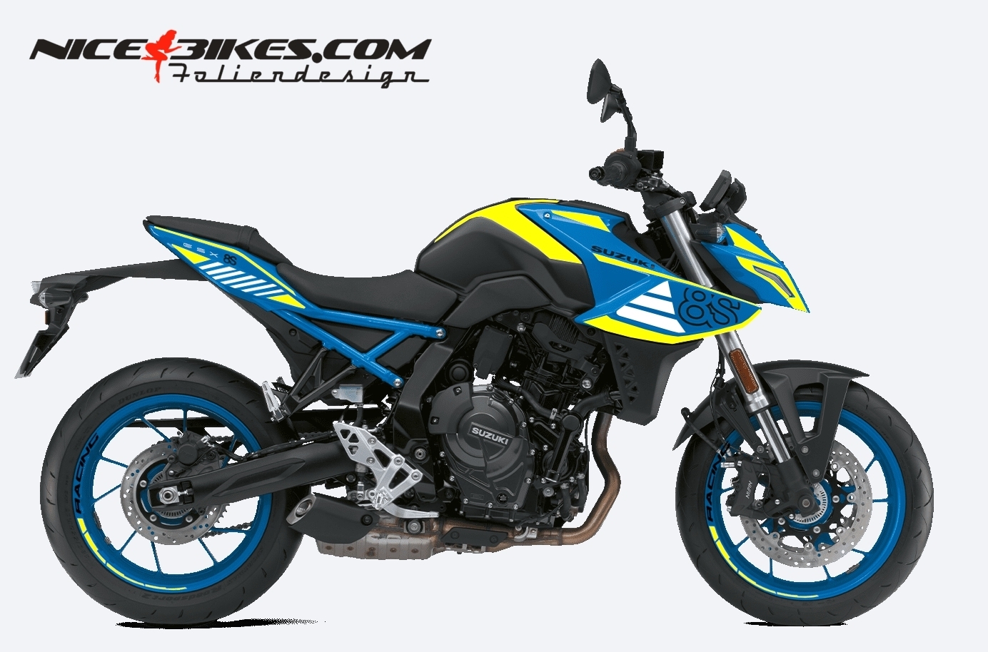 Motorrad Foliendesigns und Dekore - Foliendesign Suzuki GSX-8S 24 Neon Yellow auf blauer Maschine - S.GSX8S.24B.021 Neon Yellow Foliendesign Suzuki GSX-8S 24 Neon Yellow auf blauer Maschine