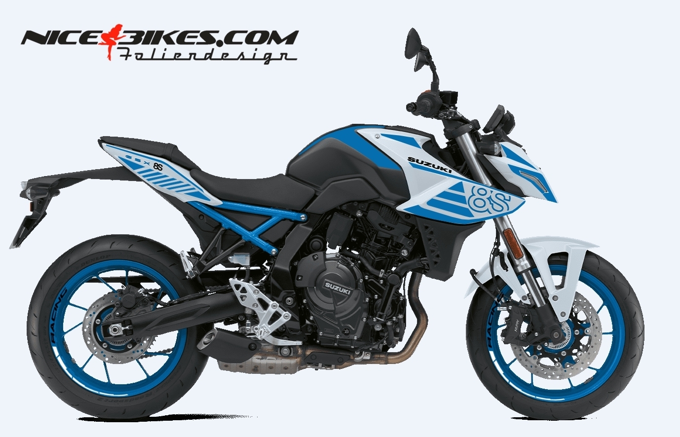 Motorrad Foliendesigns und Dekore - Foliendesign Suzuki GSX-8S 24 Light Blue auf weißer Maschine - S.GSX8S.24W.053 Light Blue Foliendesign Suzuki GSX-8S 24 Light Blue auf weißer Maschine