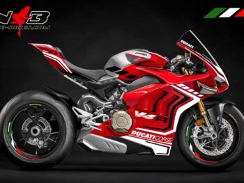 Panigale V4R tricolor auf roter Mashine