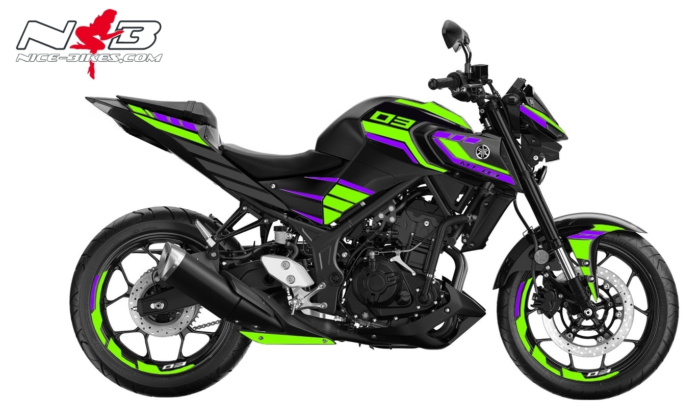 Motorrad Foliendesigns und Dekore - Foliendesign MT-03 Bj. 2022-24 Limegreen - Manga Violett - Y.MT03.22.331 Limegren Manga Violett Foliendesign MT-03 Bj. 2022-24 Limegreen - Manga Violett