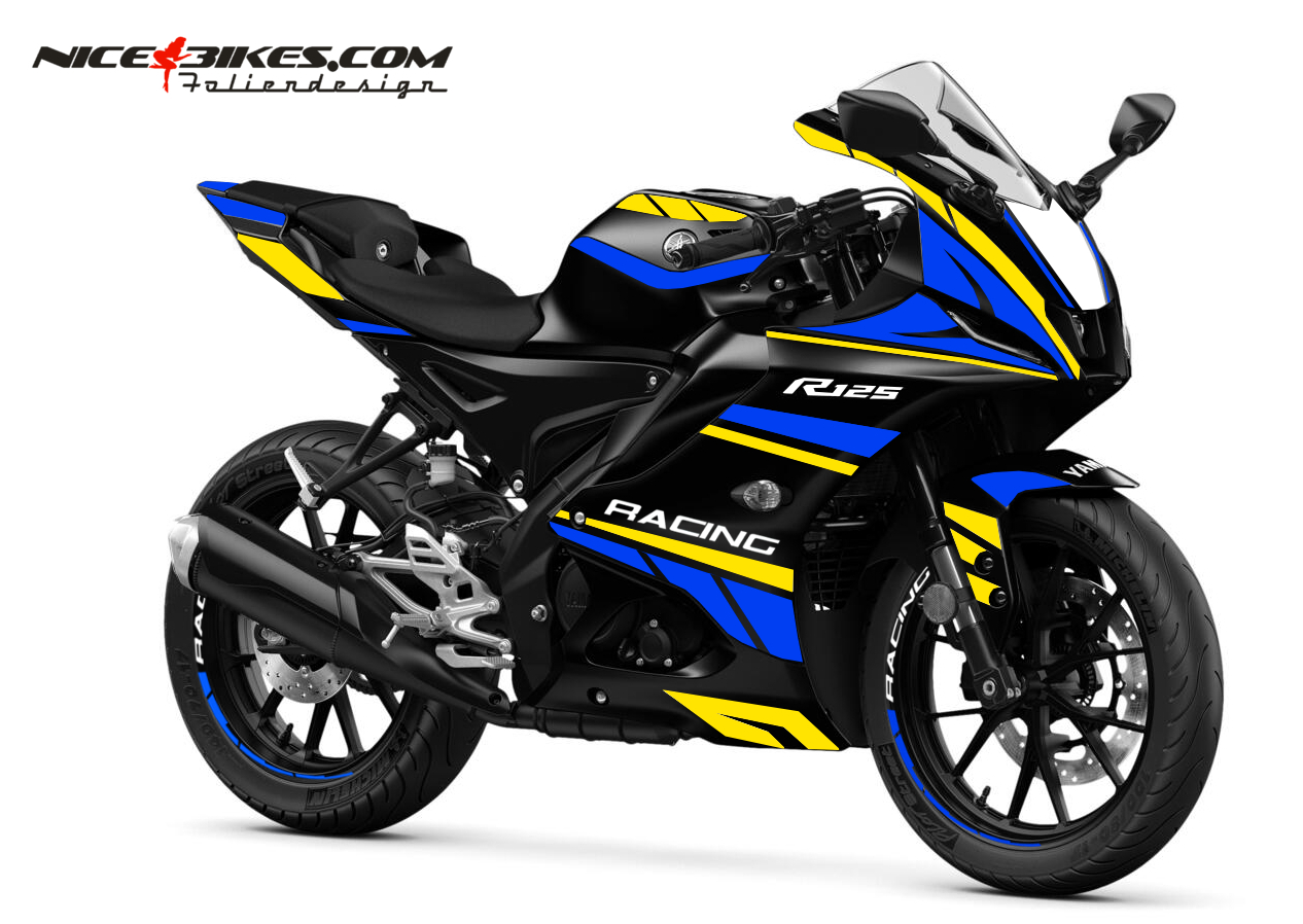 Motorrad Foliendesigns und Dekore - Foliendesign Yamaha R125 Neon Yellow - Racing Blue - Y.R125.23.222 Neon Yellow Racing Blue Foliendesign Yamaha R125 Neon Yellow - Racing Blue