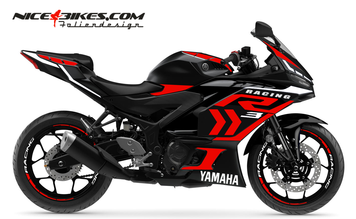 Motorrad Foliendesigns und Dekore - Foliendesign Yamaha R3 Racing Red - Y.R3.25.306 Racing Red Foliendesign Yamaha R3 Racing Red