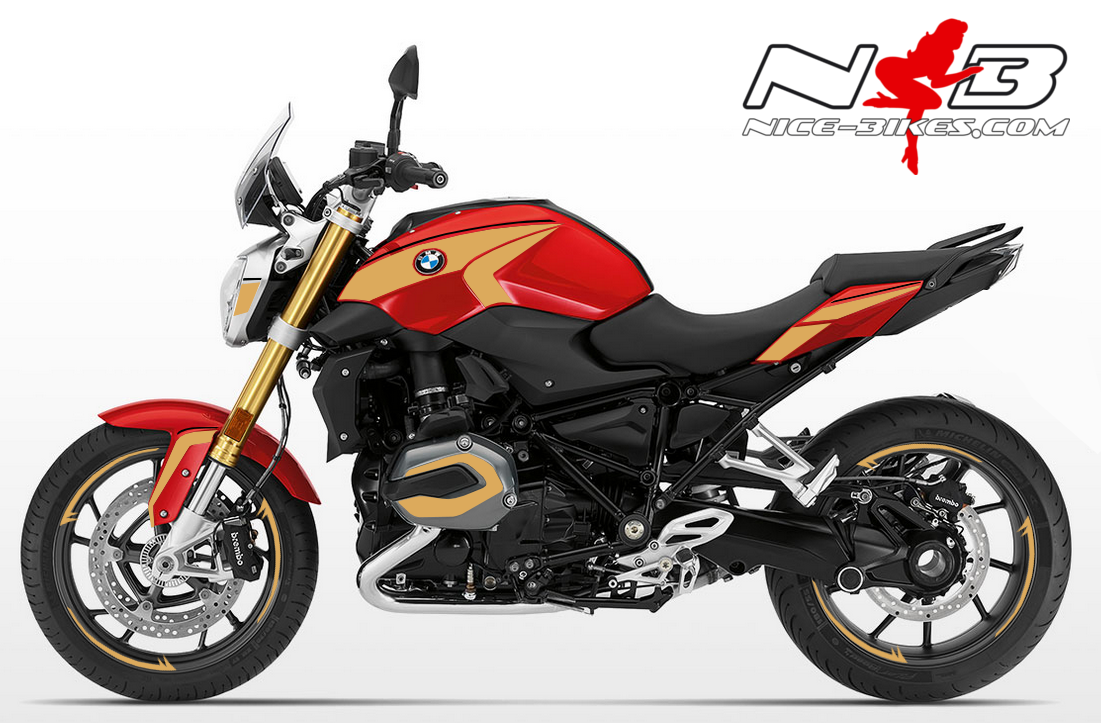 Motorrad Foliendesigns und Dekore - BMW R1200R Edition gold auf roter Maschine 2018 - rot gold BMW R1200R Edition gold auf roter Maschine 2018