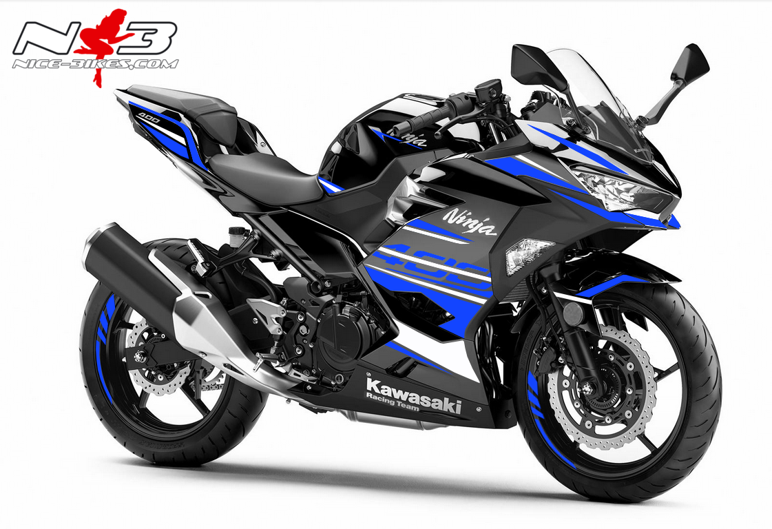 Motorrad Foliendesigns und Dekore - Ninja 400 Dekor blau auf scwarzer Maschine - schwarz blau 1 Ninja 400 Dekor blau auf scwarzer Maschine