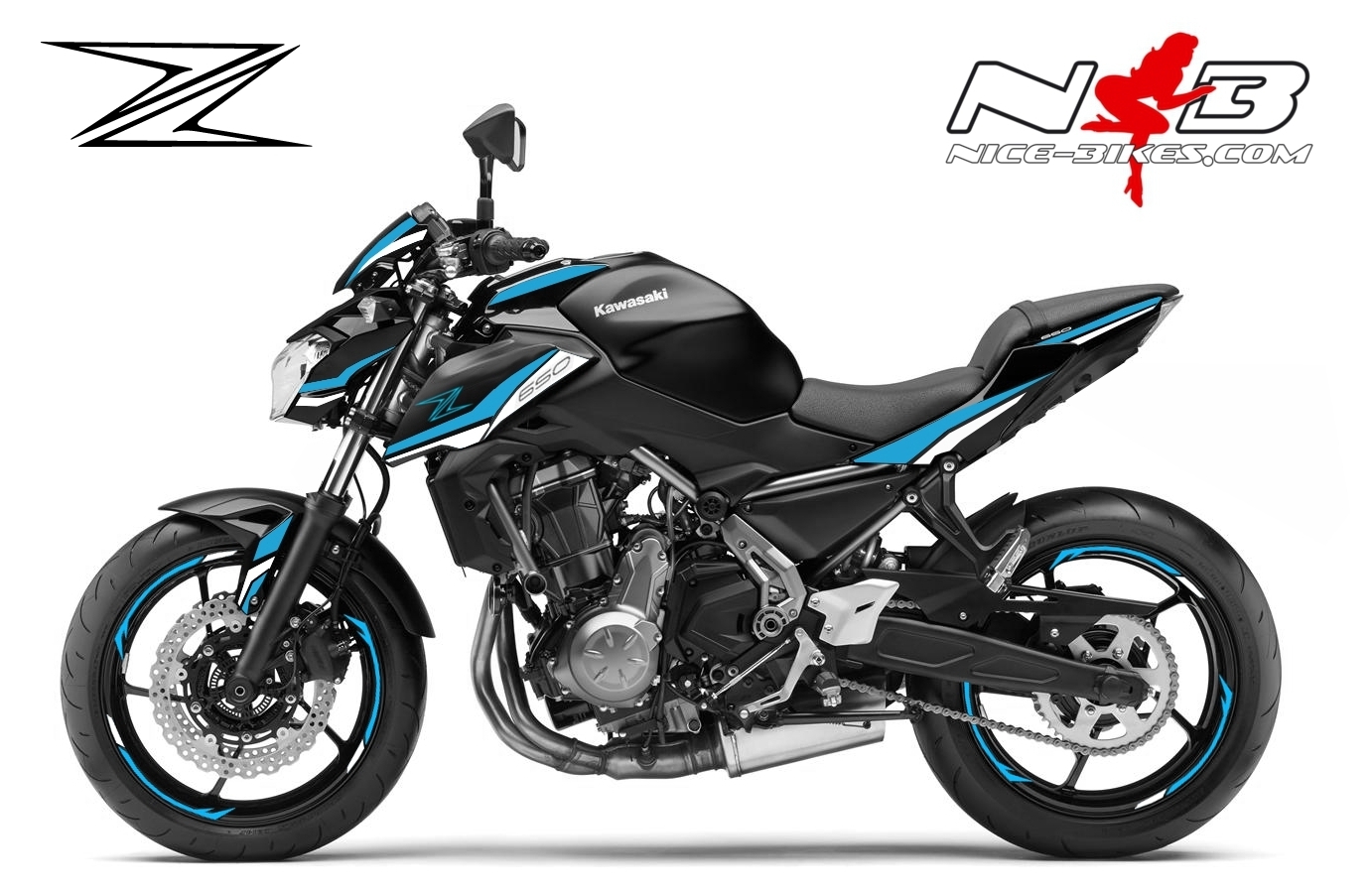 Motorrad Foliendesigns und Dekore - Z650 schwarz / Foliendekor hellblau-weiß - schwarz hellblau weiss2 Z650 schwarz / Foliendekor hellblau-weiß